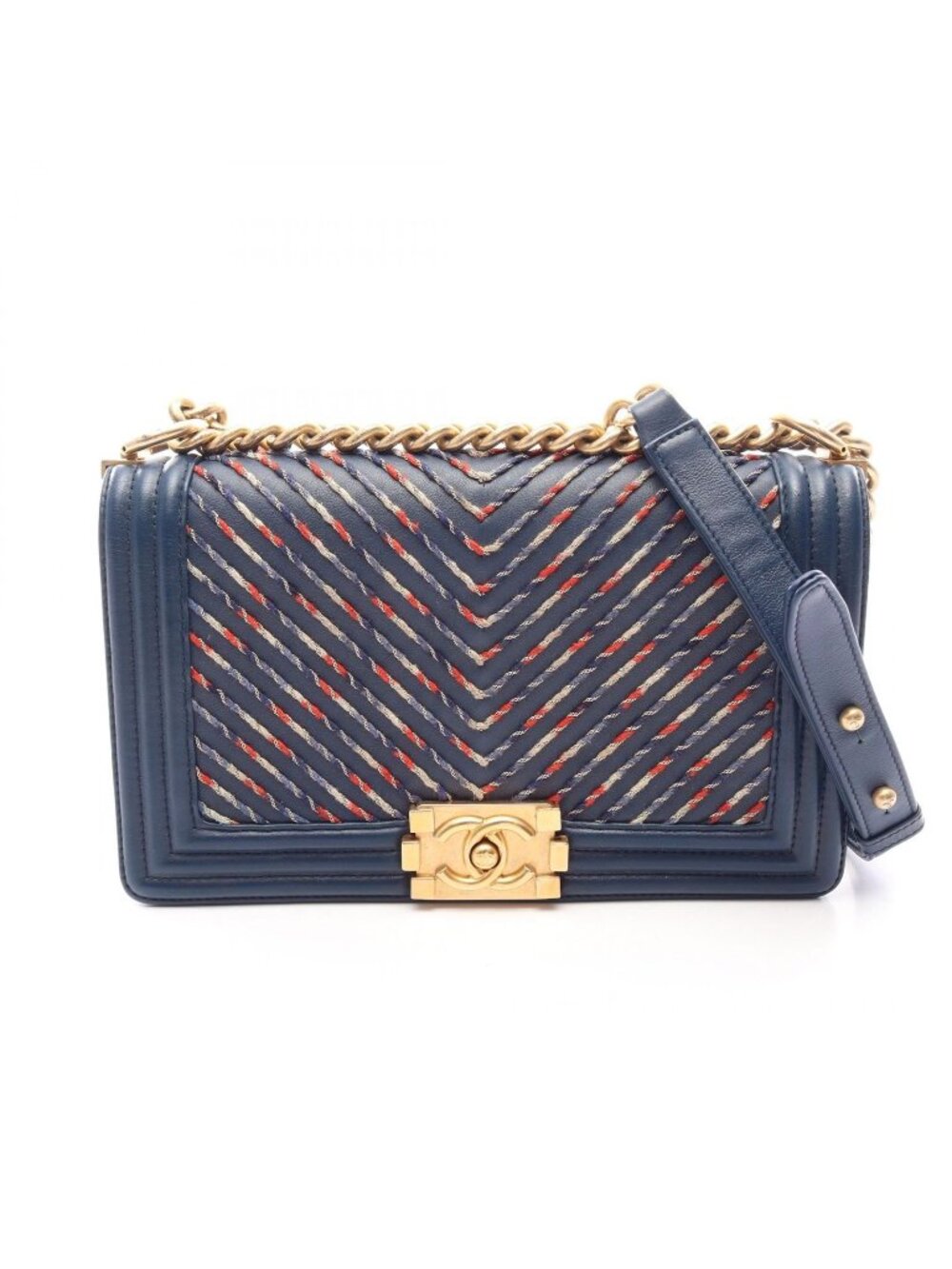 Chanel Shoulder Bag Boy Chevron V-stitch Blue Red White Leather Chain